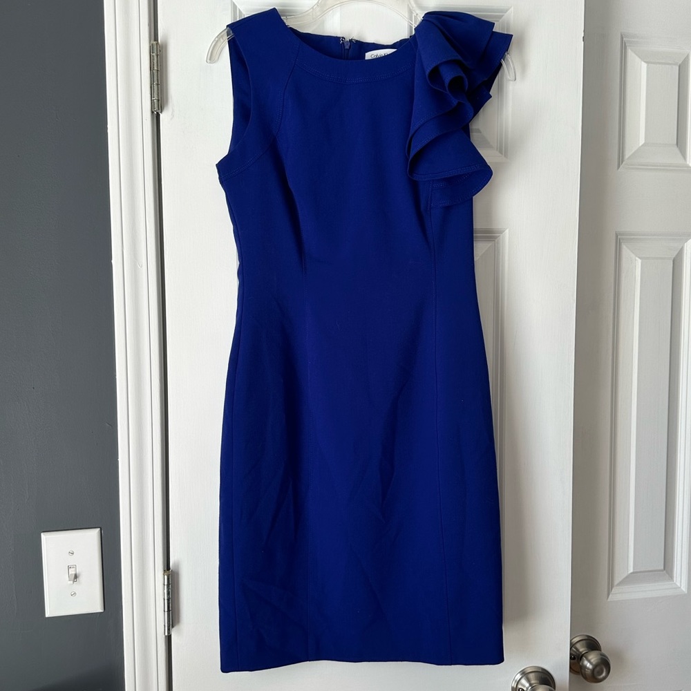 Calvin Klein Blue Ruffle Sheath Dress